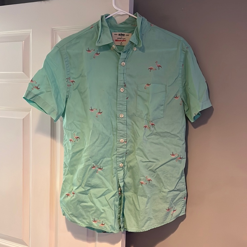 Urban Pipeline Button Down Green Shirt Flamingo Pattern